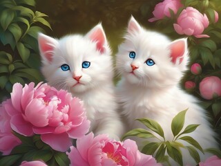 An illustration of two adorable white kittens with blue eyes nestled among pink peonies