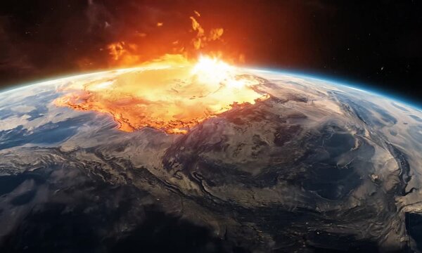Planet Earth: A Dramatic Collision: A fiery asteroid impact on Earth, captured in a breathtaking, photorealistic illustration. The scene evokes both awe and trepidation, highlighting the fragility of 