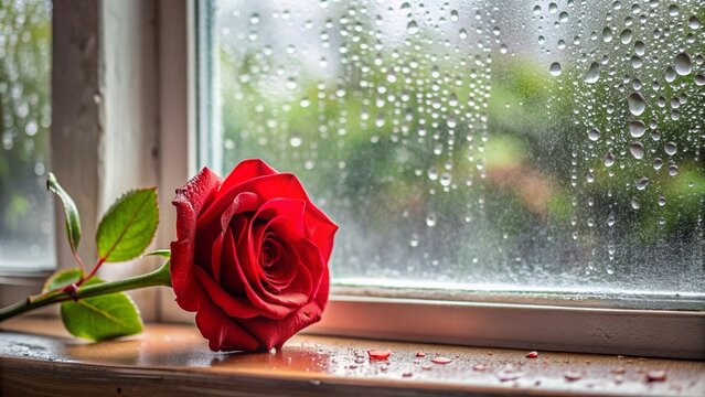 Red rose with rain drops on window cill, red, rose, window, cill, rain drops, water droplets, nature, romantic, beauty, flower