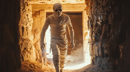 A spooky mummy emerges from a dark tomb, casting an eerie shadow.