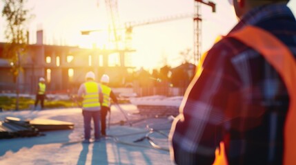 Fototapeta premium Construction workers collaborating at sunset on a building site in a developing area
