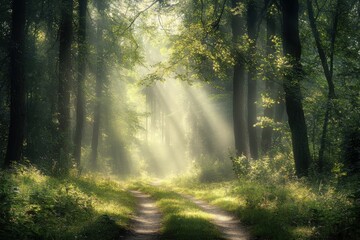 Fototapeta premium A serene forest path illuminated by soft sunlight, inviting nature lovers to explore its tranquil beauty.