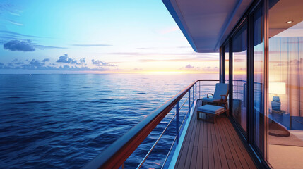 A luxurious cruise ship balcony, extending over the sparkling blue ocean. A serene and inviting atmosphere, symbolizing the allure and contemplative nature of choosing a balcony room on a cruise. 