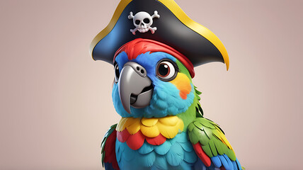 Naklejka premium A 3D cute cartoon style portrait of a colorful, plump parrot character with a pirate hat, eyepatch, and a cheeky smile, set against a simple background