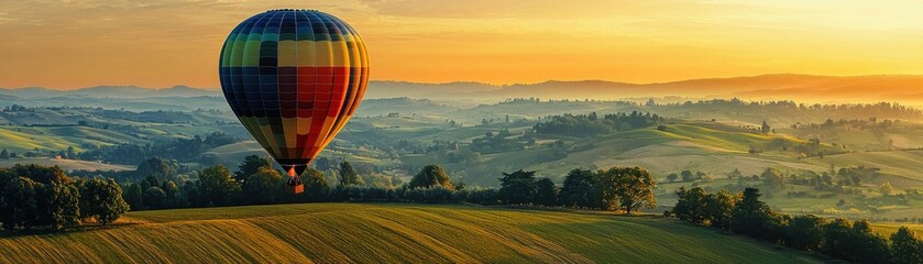 Obraz premium A vibrant hot air balloon soaring over picturesque hills during a golden sunrise, creating a stunning landscape view.