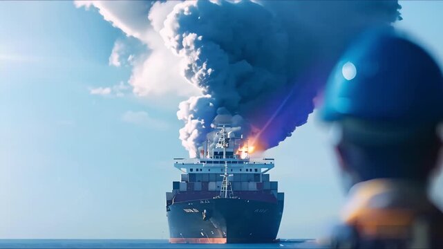 A cargo ship explosion at sea causes dangerous maritime accident with visible smoke