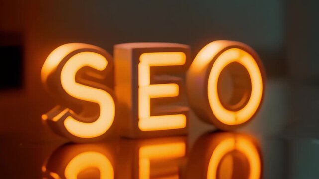 3d animation of warm lighted isometric "SEO" with modern style on reflective surface