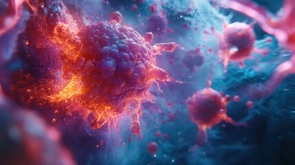 Obraz premium Futuristic Holographic Display Showing Detailed Cancer Cells - Sci-Fi Malignant Tumor Concept