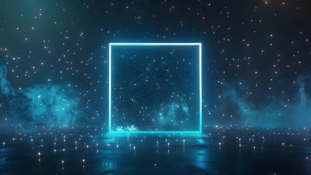 3d animation of abstract stars illuminated with neon turquoise light square on dark background