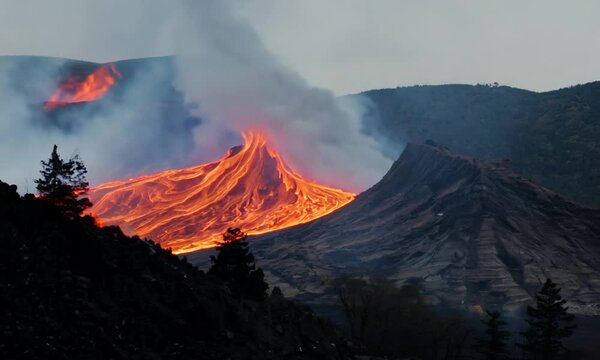Volcanic Eruption: A mesmerizing view of a volcanic eruption, showcasing the raw power of nature as molten lava flows down the mountainside, engulfing the landscape in a fiery spectacle. The smoke bil