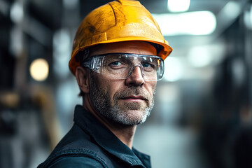 Middle-aged steel plant professional in safety glasses and a yellow helmet, with a blurred industrial backdrop. Showcases a focus on safety and manufacturing expertise.