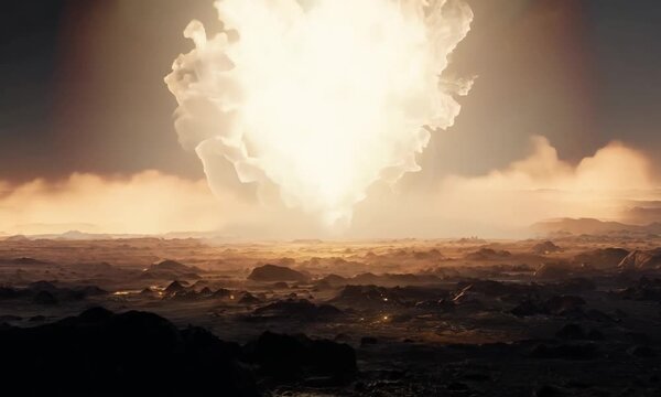 The Sun's Fury: A powerful, fiery explosion erupts from the earth, creating a dramatic and awe-inspiring spectacle. The intense light and heat engulf the surrounding landscape, leaving a trail of dest