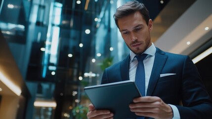 Fototapeta premium A person in a suit holding a tablet, perfect for business or technology-related contexts