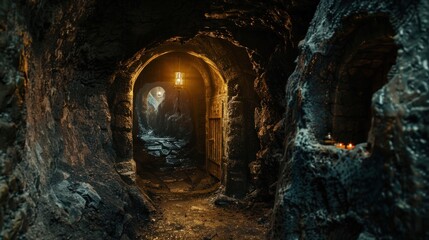 Dark and Mysterious Cave Entrance with Light.