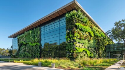 Obraz premium Green walls on buildings in temperate zones, improving energy efficiency through temperature regulation, landscape efficiency temperature, living architecture