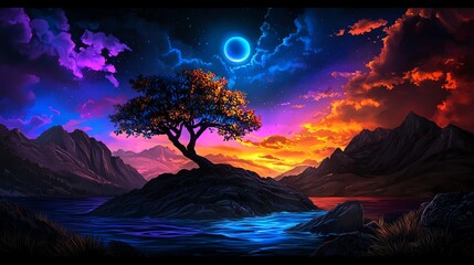 Obraz premium 3D rendered illustration of a whimsical landscape with mountains, clouds, trees, and a river.