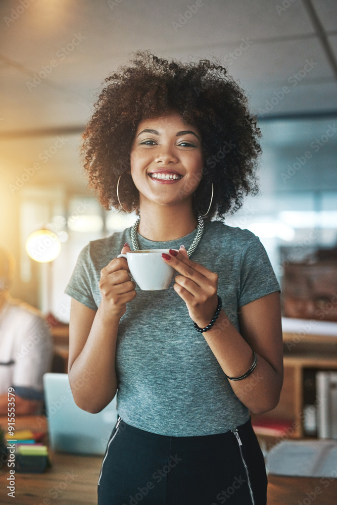 Poster Happy woman, portrait and afro with coffee at office for night business, caffeine or drink. Young female person or creative employee with smile for espresso beverage, cappuccino or tea in startup