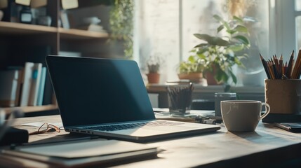A laptop computer placed on top of a wooden desk, great for office or home use
