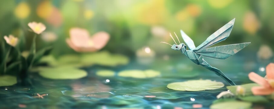 Origami dragonfly hovering above a pond, paper insect, serene scene