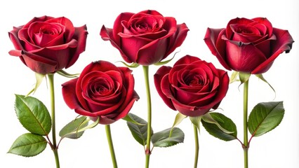 Fototapeta premium Six stunning crimson roses bloom in perfect harmony, their delicate petals and tender stems isolated against a crisp white background, awaiting placement.