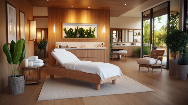 Luxurious spa room with a massage table, comfortable seating, plants, and minimal decor in a wooden interior with large windows and natural light.