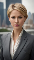 Fototapeta premium Portrait of a young woman with a short haircut in a business suit against the backdrop of a modern city.