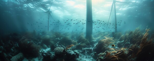 Obraz premium Offshore wind farms creating artificial reefs for marine life, wildlife renewable change, marine habitat creation