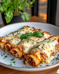 Cheesy cannelloni pasta rolls filled with meat and spinach, topped with marinara and basil | Italian cuisine | Ideal for restaurant promotions and food photography