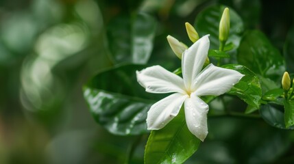 Delicate White Jasmine Flower in Close-up Detail with Soft Petals and Freshness