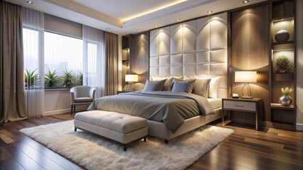 Sleek modern bedroom oasis features a plush white blanket, abundance of pillows, and stylish night lamps, creating a cozy and sophisticated retreat.