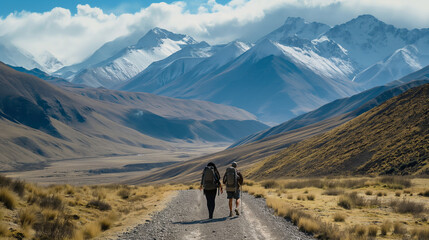 Two hiker walk along a trail with mountains in the background. Hiking in the highlands.