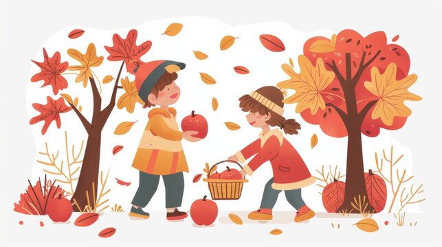 Cute Kids Picking Apples in Autumn Forest