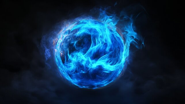 There is a glowing blue orb swirling with magical energy in this dark fantasy setting