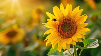 Fototapeta premium Vibrant Yellow Sunflower with Busy Bee - Close-up Nature Photography Highlighting Pollination