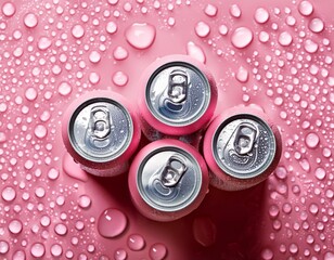 Pink soda cans in water drops