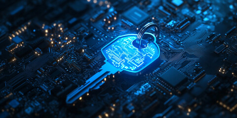 A key with glowing lights is placed on top of an advanced circuit board, symbolizing the concept of digital security and cybersecurity