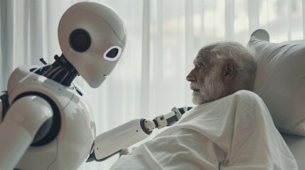 A robot is helping an elderly man in a hospital bed