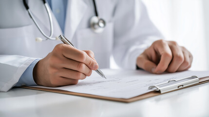 Fototapeta premium Close-up of a doctor writing on a clipboard, symbolizing healthcare and professional medical care.