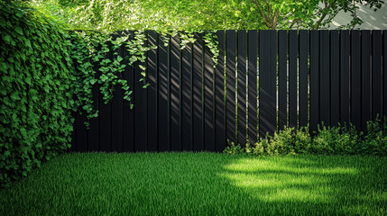 Peaceful backyard garden with lush green grass, tall hedges, and a black fence.