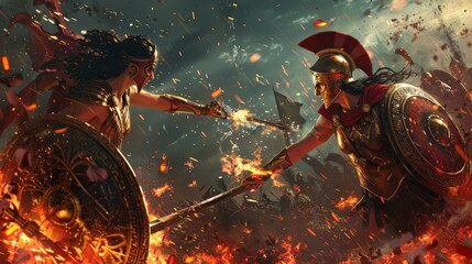 Fototapeta premium Two armored fighters confront each other with shields and spears amid flames and chaos during a historical battle