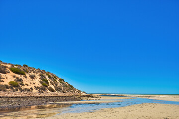 Beach and sand dunes at the coast of Shark Bay, Denham, Western Australia. Clear blue sky.
