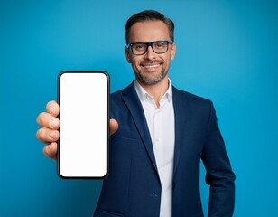 Satisfied confident smiling adult businessman showing mobile phone blank white screen mockup