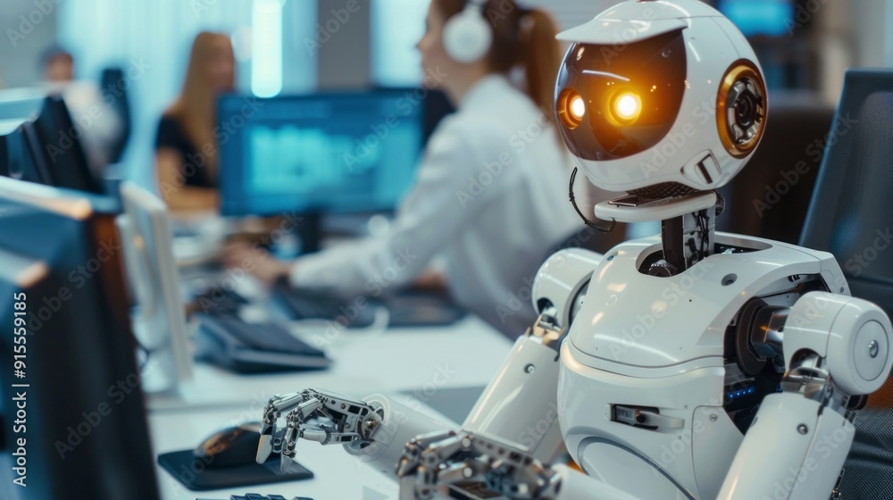Aufkleber A robot is sitting in front of a computer monitor