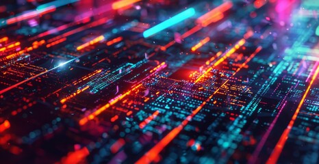 Fototapeta premium technological background with original code lines, dark and vibrant neon elements, detailed and intricate patterns, dynamic and futuristic, high contrast and vivid