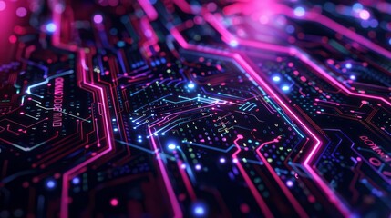 Fototapeta premium technological background with original code lines, dark and vibrant neon elements, detailed and intricate patterns, dynamic and futuristic, high contrast and vivid