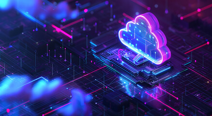 Neon light cloud computing futuristic technology and cloud storage illustration embodies network technologies cyberspace, showcasing a futuristic server in isometric perspective, dark background.