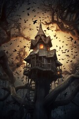 Haunted houses and treehouses illuminated by eerie lights and surrounded by bats.