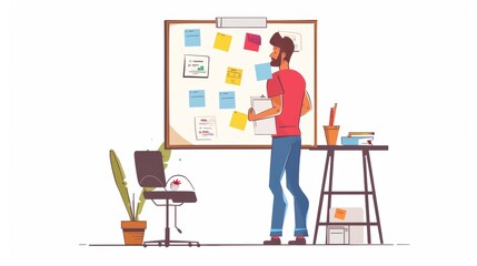 Fototapeta premium Man Planning on Whiteboard with Sticky Notes