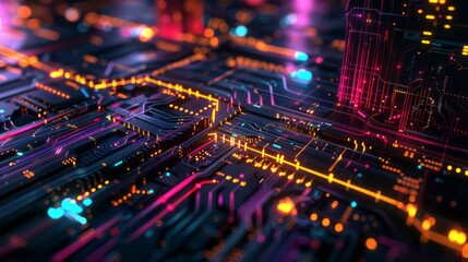 Obraz premium technological background with original code lines, dark and vibrant neon elements, detailed and intricate patterns, dynamic and futuristic, high contrast and vivid