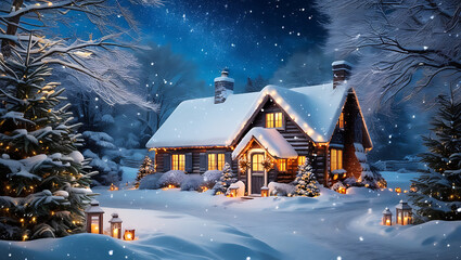 Fototapeta premium Holiday Season - A Christmas evening in the beautiful village with wooden cottages. Cottage mostly cover with snows.